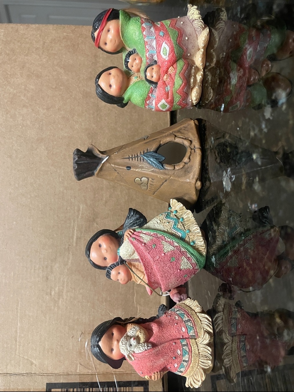 Hand-Painted Native-Inspired Ceramic Figurine Set with Teepee - Pink & Green